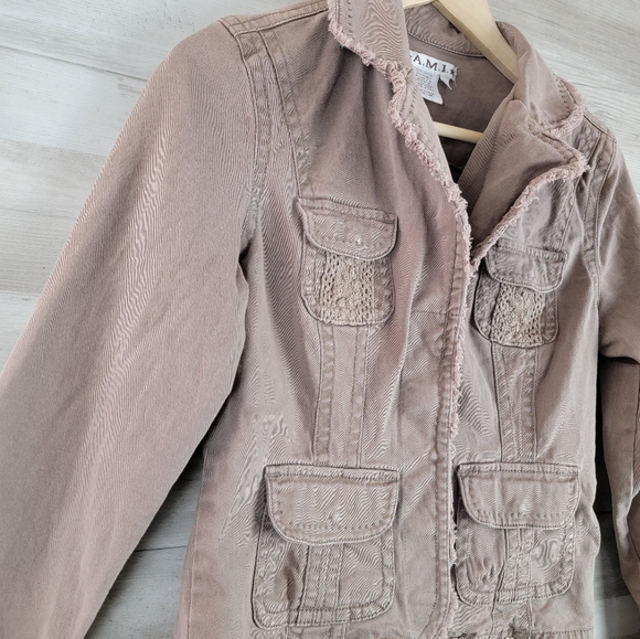 Vintage A.M.I. Distressed Crochet Light Brown Khaki Jacket Women’s Size Small - Picture 8 of 15